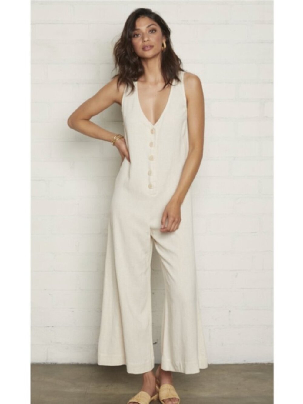 Rachel Pally Linen Blend Neutral V Neck Button Casual Relaxed Jumpsuit XS/S $260